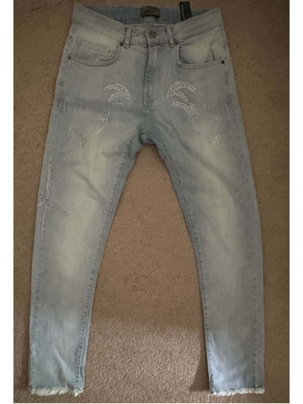 Zara Embellished Skinny Stretch Jean Sparkle Lt Blue Denim Sz 30 Rhinestone Glam